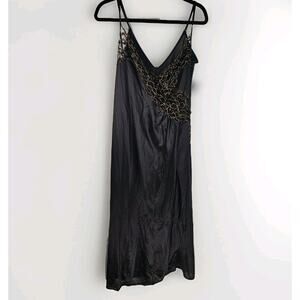 Vintage 80s Glam Lingerie Black Maxi Slip Dress Nightgown Gold Lace Large
